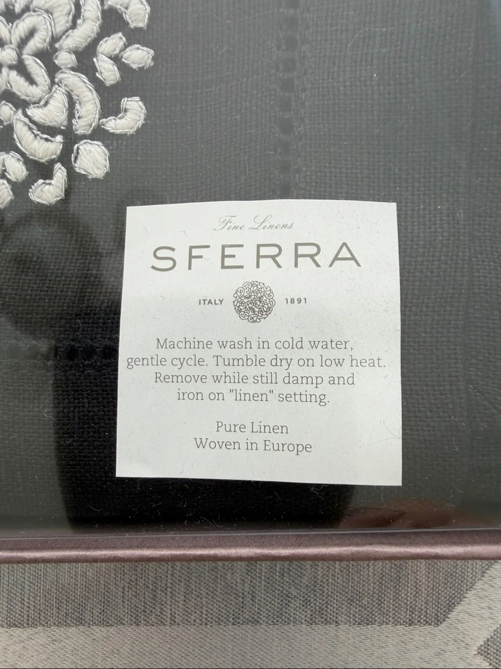 SFERRA Classic Black Linen Dinner Napkins with White Embroidered Motif